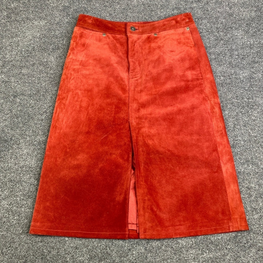 VTG GAP Womens Burnt Orange Genuine Suede Leather Midi Skirt Front Slit Size 1
